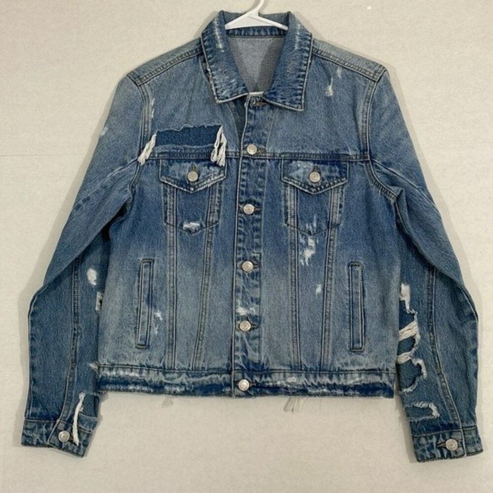 Vervet Distressed Jean Jacket with Pockets, Patched Tattered Denim Blue, Small